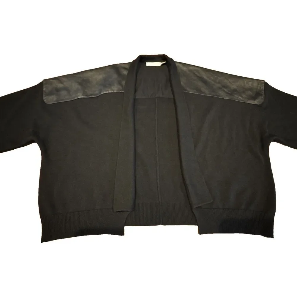 Anne Fontaine Black Cropped Cardigan Jacket 12 Silk Blend Lambskin Leather Trim